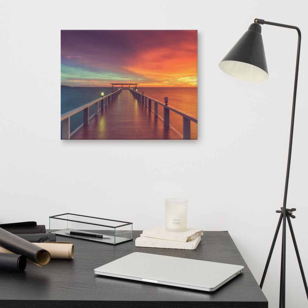 Surreal Wooden Pier At Sunset Intrigued Landscape Photo Canvas Art Print, 16" X 20"