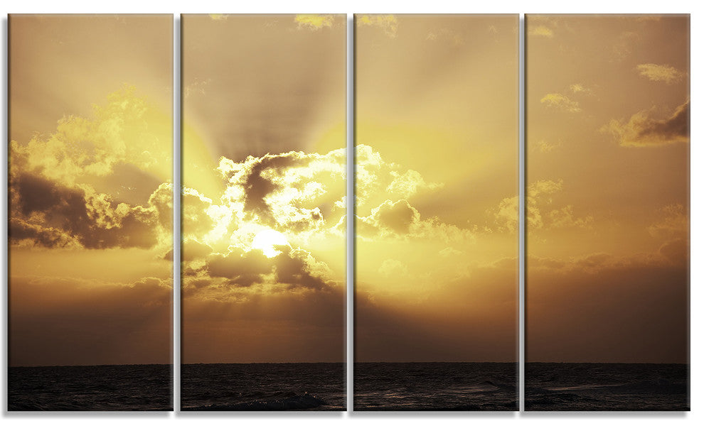 Majestic Sea Sunset Through Clouds, Landscape Canvas Wall Art, 48"x28", 4 Panels