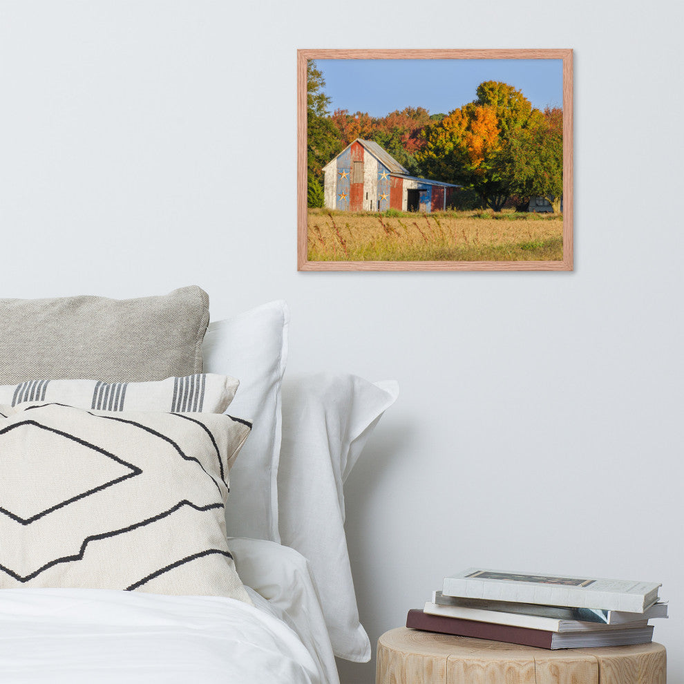 Patriotic Barn in Field Rural Landscape Framed Photo Paper Wall Art Prints, Red Oak, 16" X 20"
