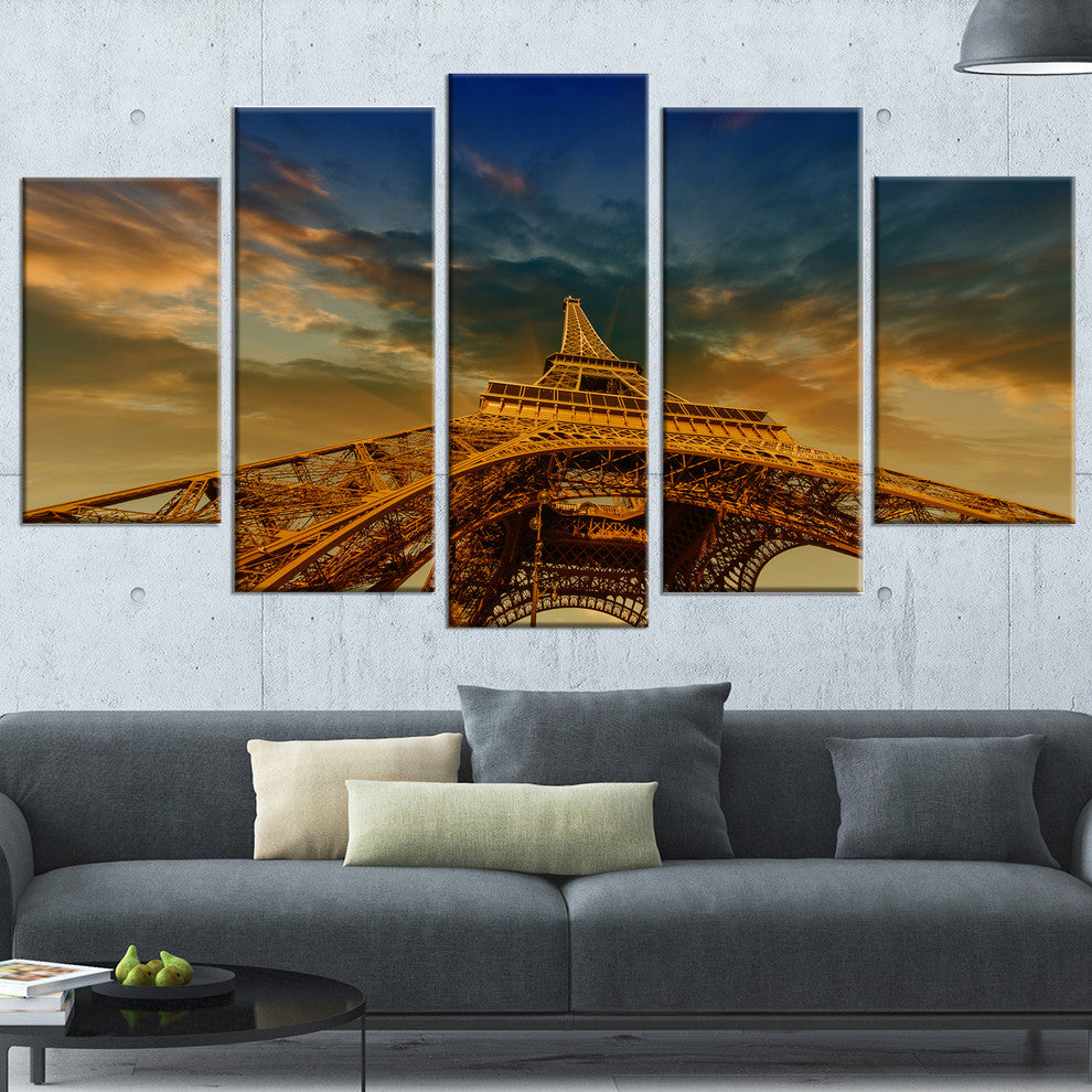 "Dramatic Sky Above Paris Eiffel Tower in Paris" Cityscape Art, 60"x32", 5Panel