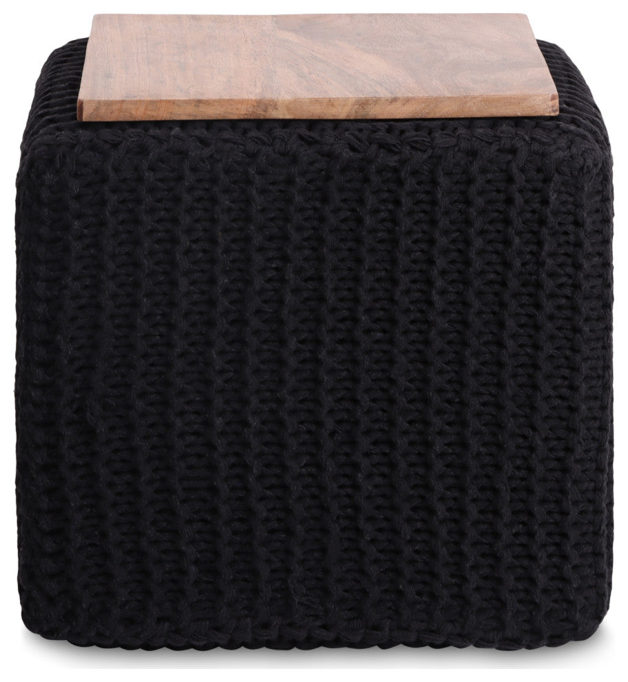 Loft Lyfe Roxy Ottoman, Hand Knitted, Wooden Tray, Cotton Yarn, Black