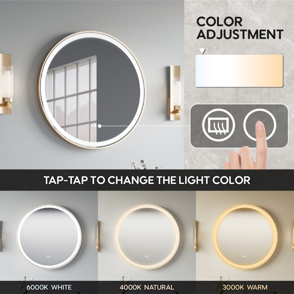 Round LED Bathroom Vanity Mirror, Defogger and Dimmer, ETL-listed, 28"x28", Brushed Gold