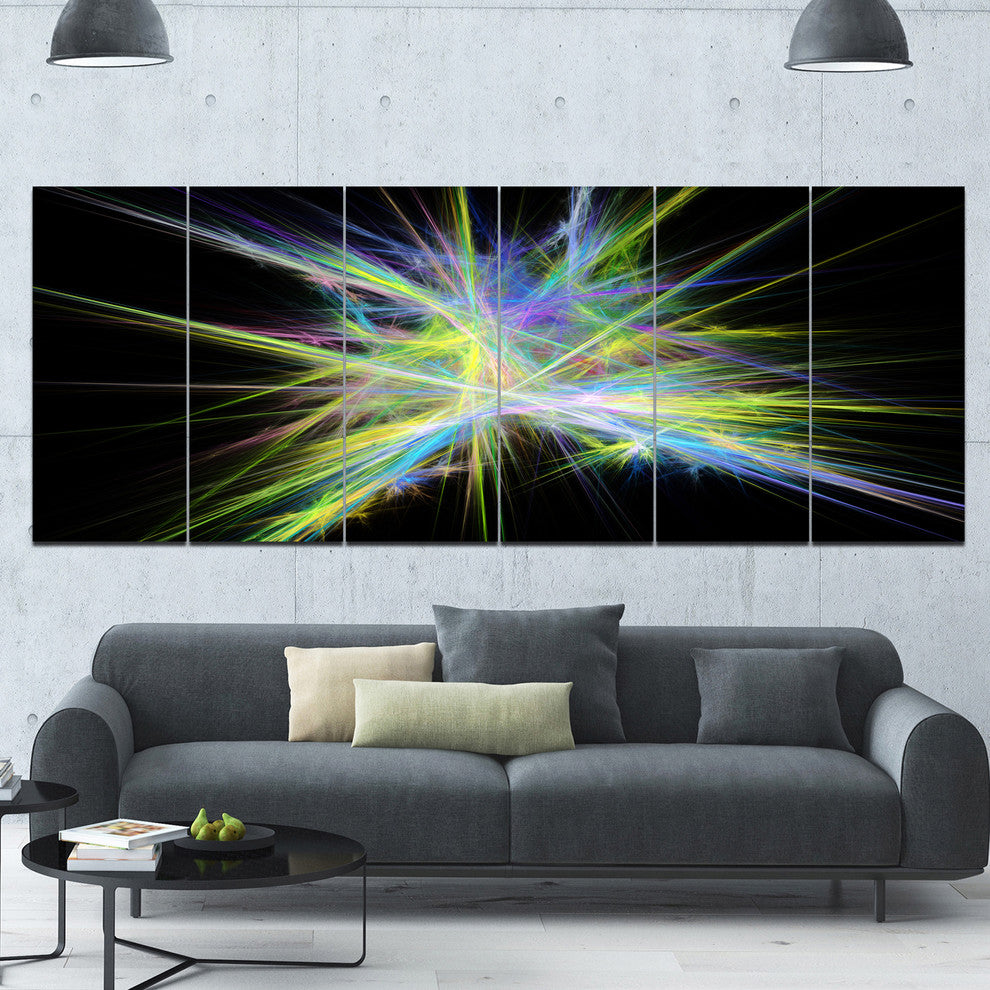 Yellow Blue Chaos Multicolored Rays, Abstract Canvas Wall Art, 70"x28", 6 Panels