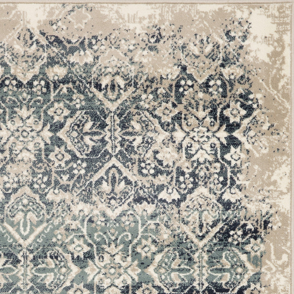 3"x5" Beige Blue Distressed Diamonds Area Rug