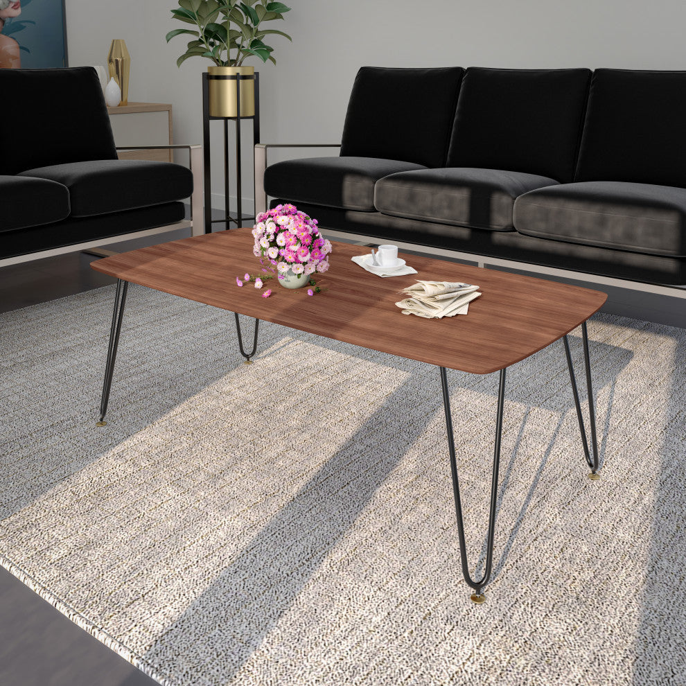 Elmwood 47" Coffee Table Rectangular MDF Tabletop, Black Iron, Walnut