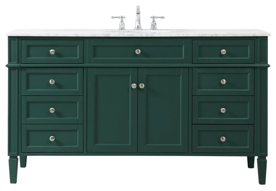 Home Living Vanity with Carrara White Marble Countertop, Green, 60", Single Sink