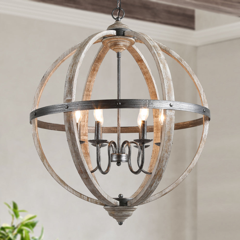 LALUZ 27-in 6-Light Distressed Gray Wood Globe Farmhouse Chandelier