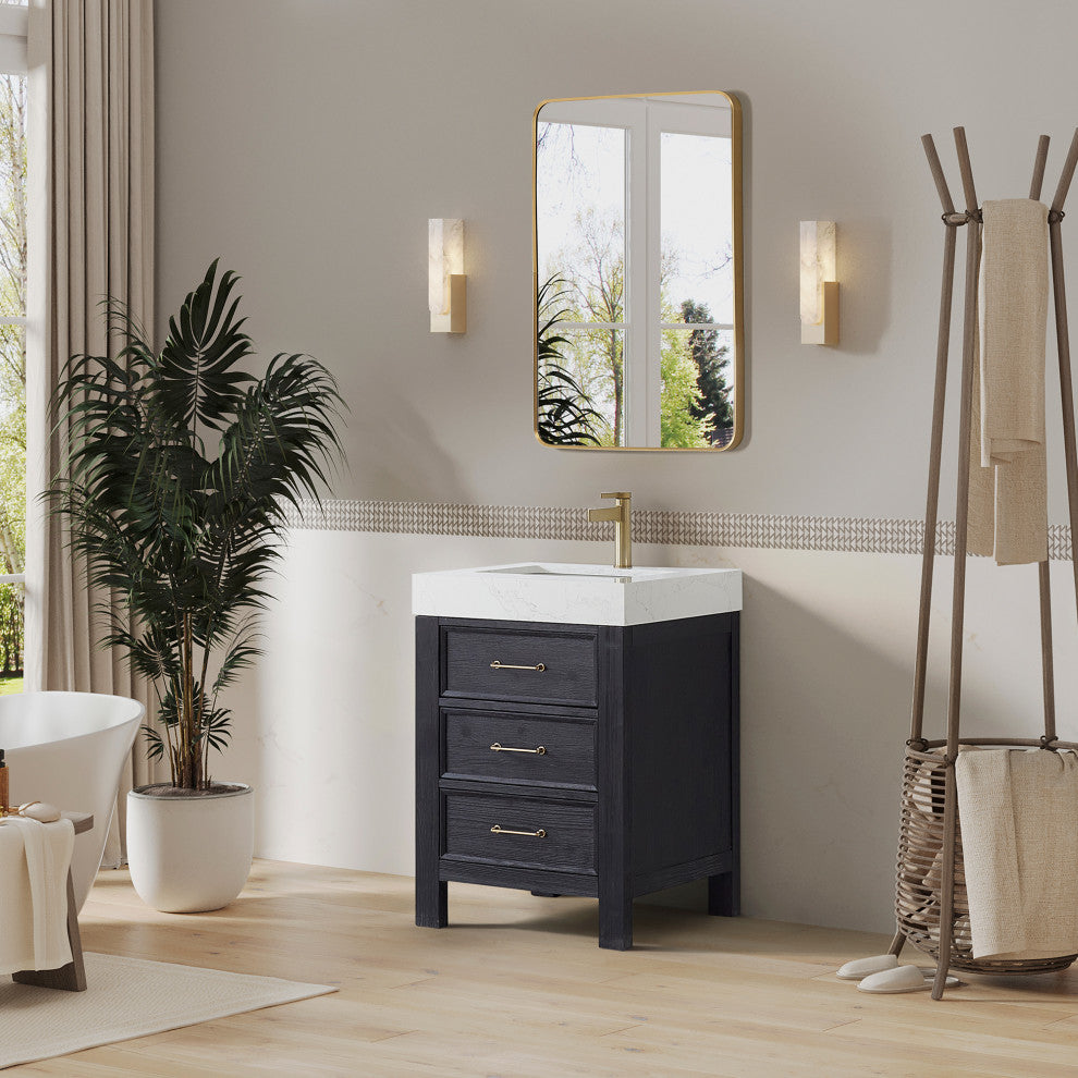 Leon Bath Vanity With Composite Stone Top, Fir Wood Black, 24", With Mirror