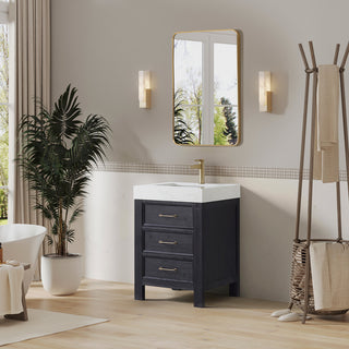 Leon Bath Vanity With Composite Stone Top, Fir Wood Black, 24", With Mirror