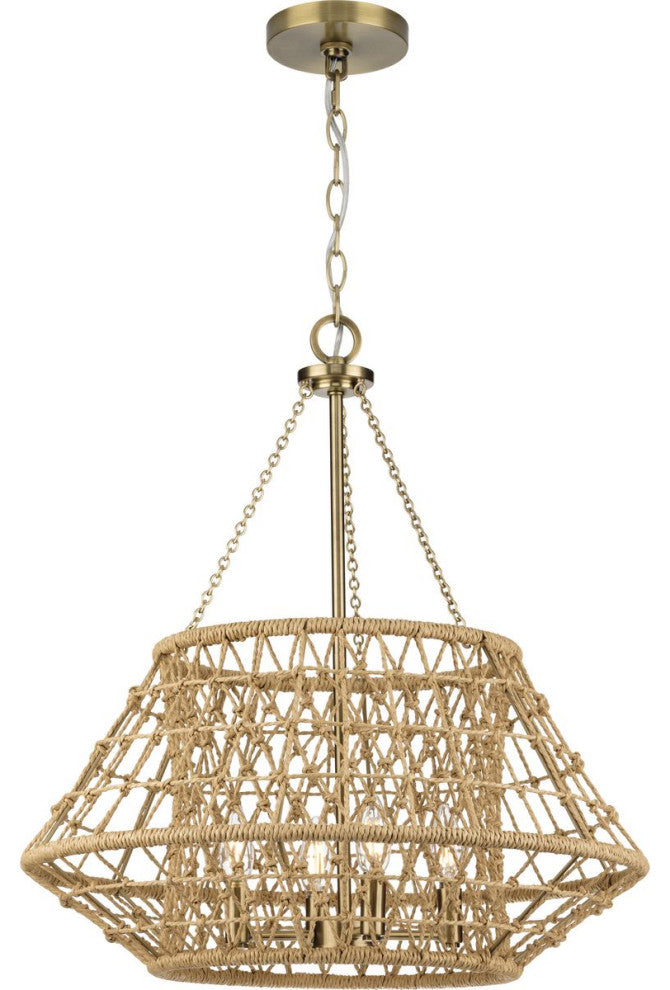 Laila Collection Four-Light Vintage Brass Coastal Chandelier With Jute Accents