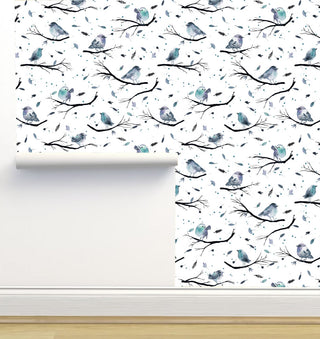 Birds Tree Branches Blue Wallpaper, Sample 12"x8"