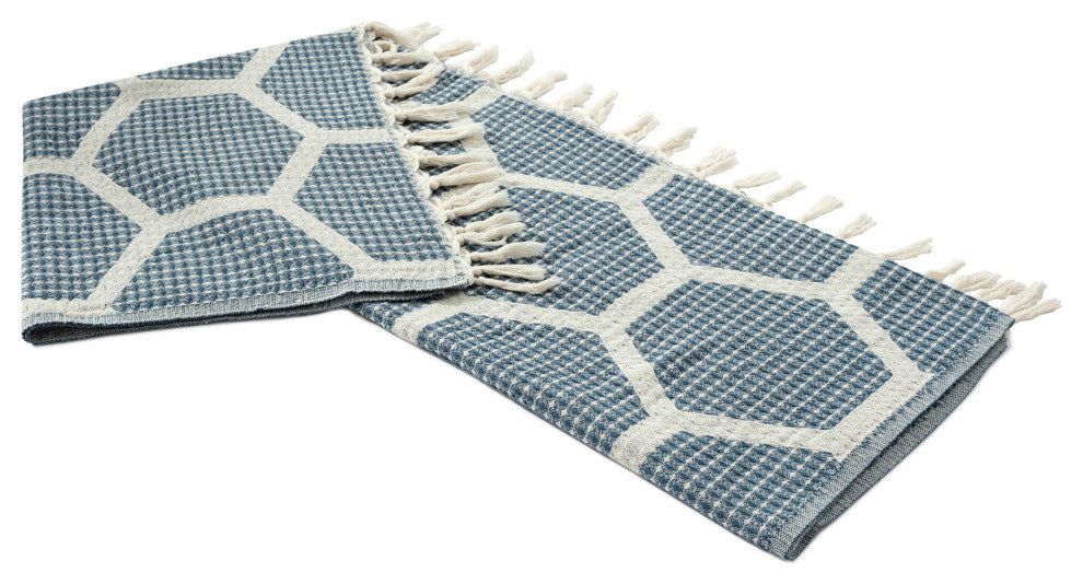Blue/ Cream Geometric Turkish Organic Cotton Throw Blanket, Blue