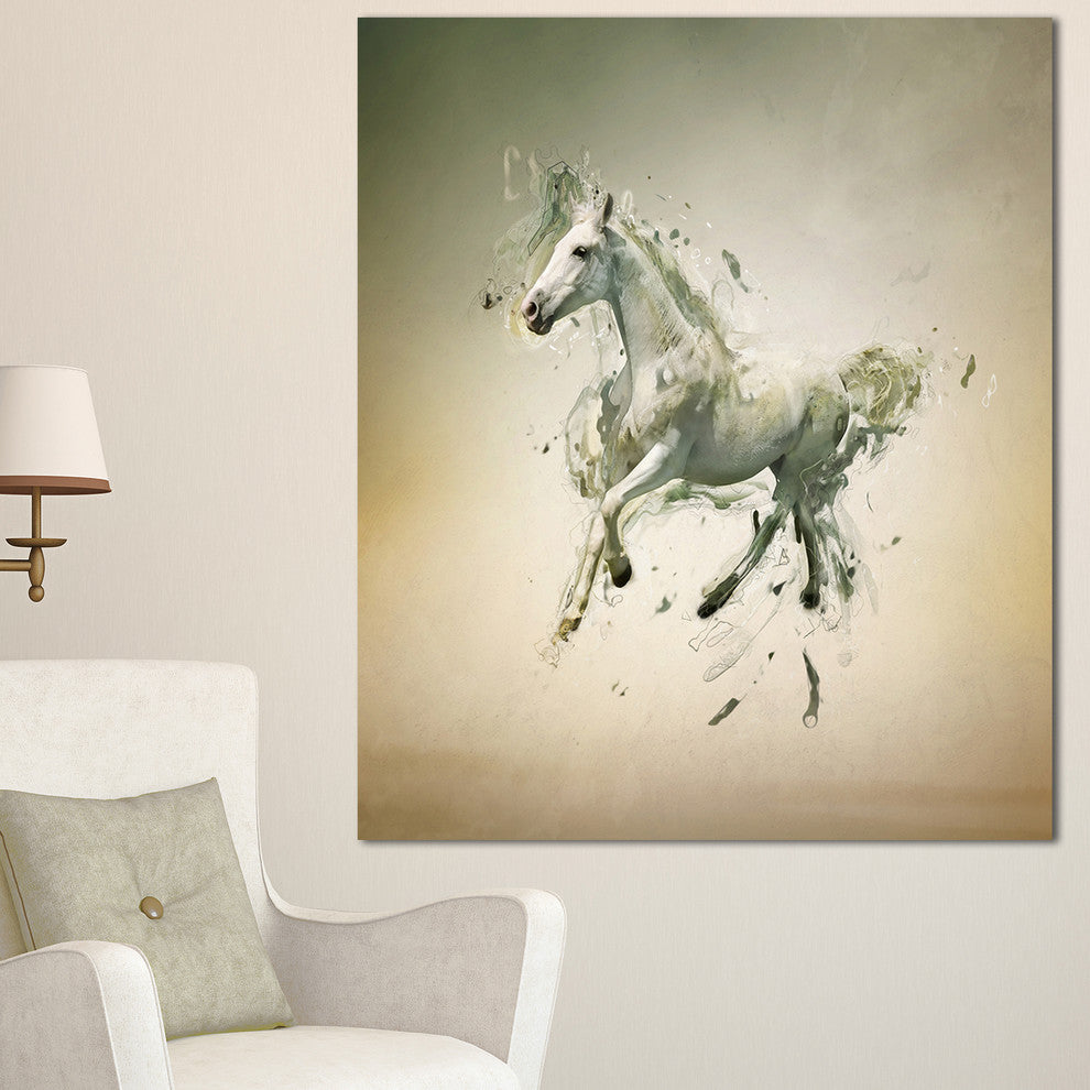 White Horse in Motion on Brown, Animal Canvas Wall Art, 30"x40"