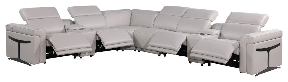 Giovanni 8-Piece 4-Power Reclining Italian Leather Sectional, Light Gray