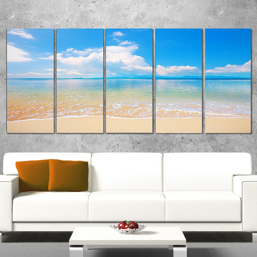 "Large Clouds Over Calm Beach" Seashore Canvas Photo Print, 5 Panels, 60"x28"