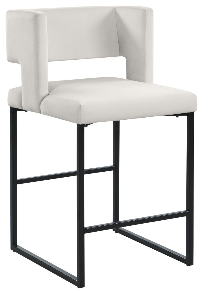 Caleb Upholstered Counter Stool, Set of 2, Cream, Velvet, Matte Black