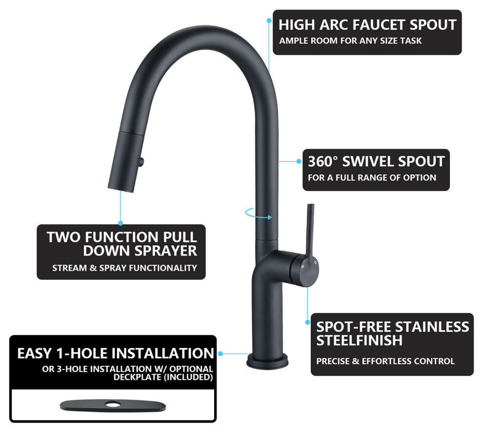 Single Handle Deck Mounted High Arc Pull Down Kitchen Faucet with Deckplate, Mat
