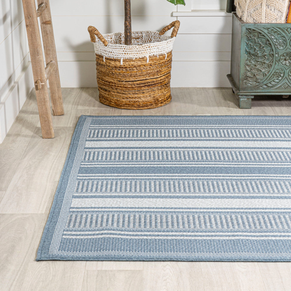 Haynes Modern Double Stripe Indoor/Outdoor Area Rug, Blue/Light Gray, 8x10