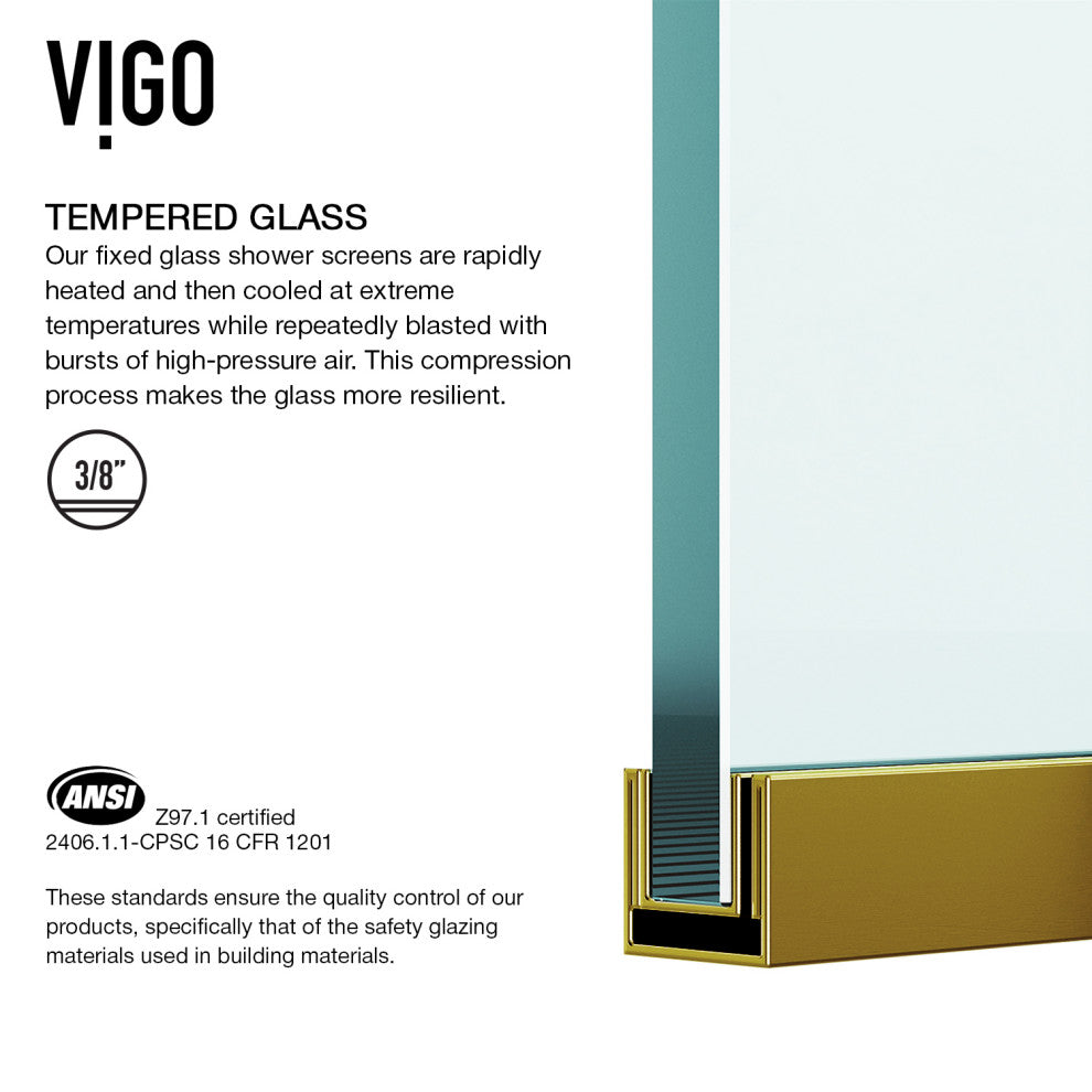 VIGO Meridian Framed Fixed, Matte Brushed Gold, Shower Screen, 34" W X 74" H, Clear Glass