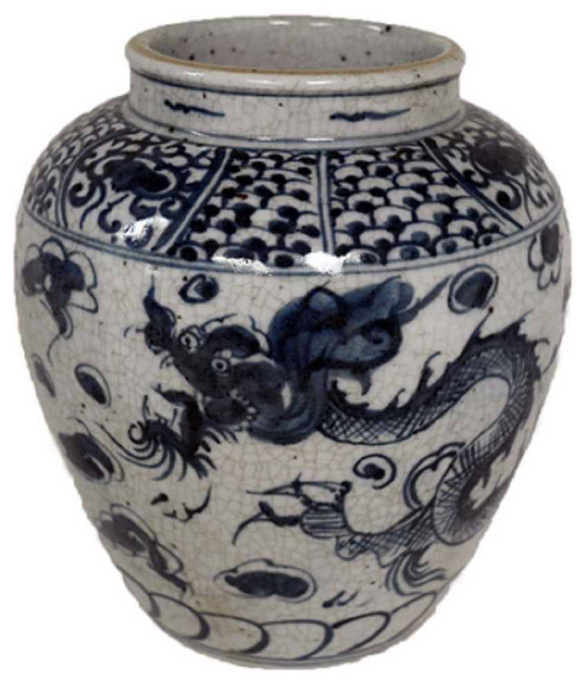 Vintage Style Reverse Blue and White Porcelain Dragon Motif Flower Vase 8"