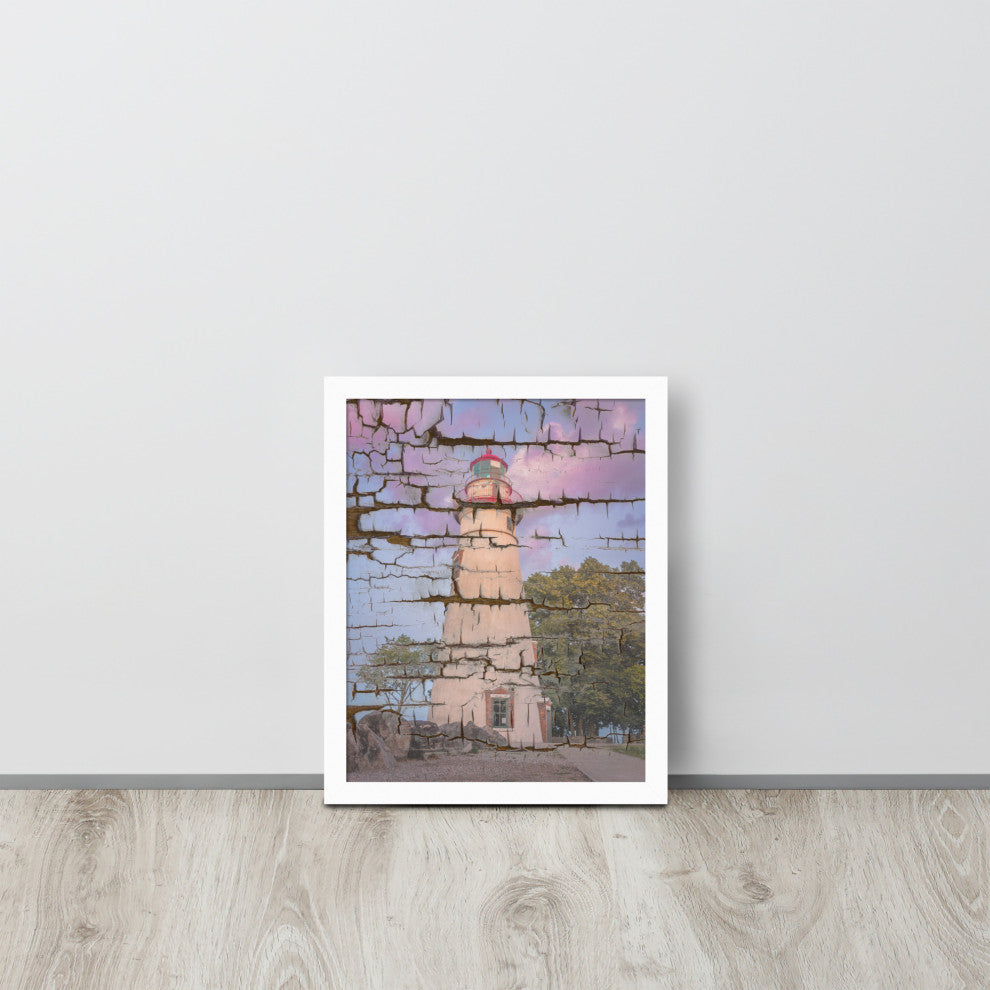 Faux Wood Texture Marblehead Lighthouse at Sunset Framed Photo Wall Art Print, White, 11" X 14"