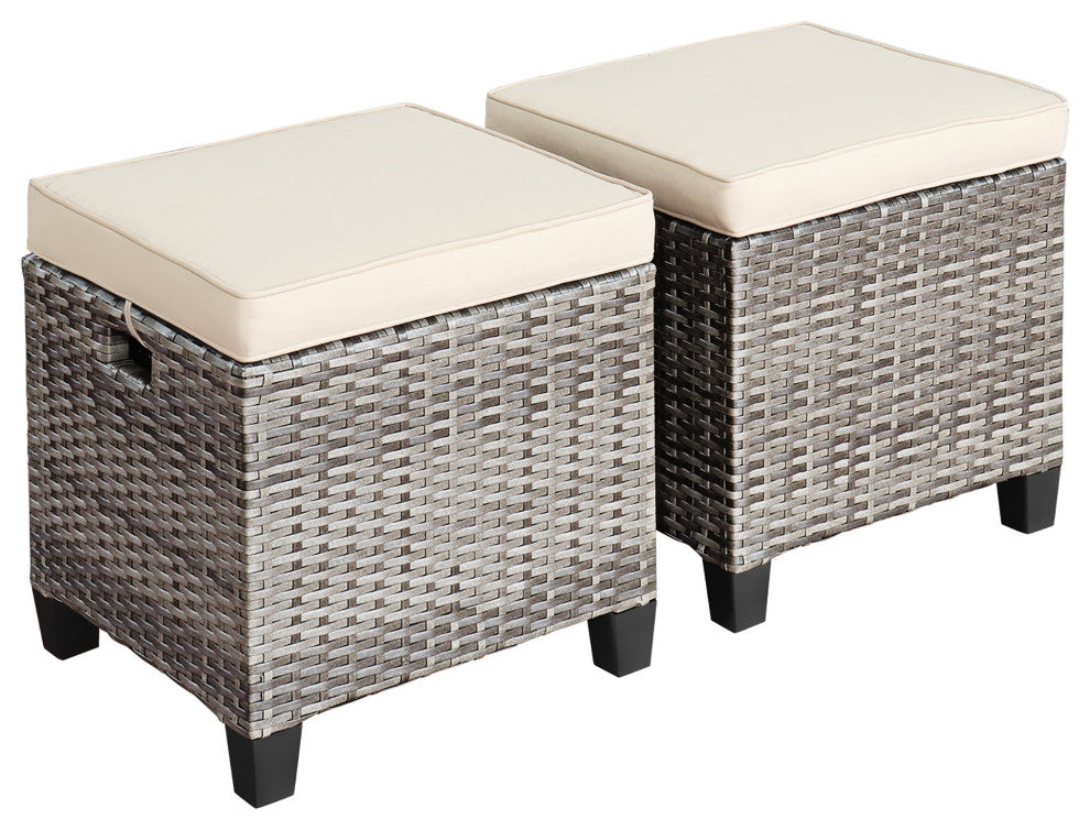 Costway 2PCS Patio Rattan Cushioned Ottoman Seat  Foot Rest Table Beige