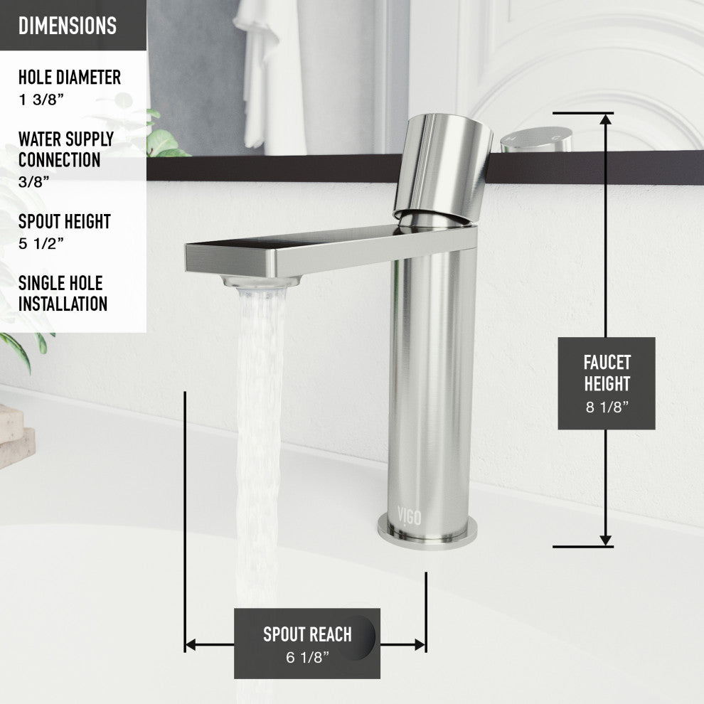 VIGO Halsey 8" H Single Handle Single Hole Bathroom Faucet, Brushed Nickel, Without Extras