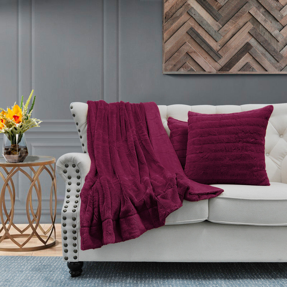 BOON Rabbit Jumbo Fur Throw and Pillow, 3-Piece Set, Burgundy