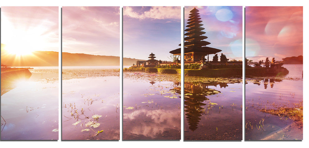 Beautiful Ulun Danu Temple, Oversized Landscape Canvas Art, 60"x28", 5 Panels