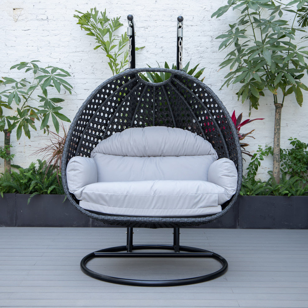 LeisureMod Mendoza Charcoal Wicker Hanging Double Egg Swing Chair, Light Gray