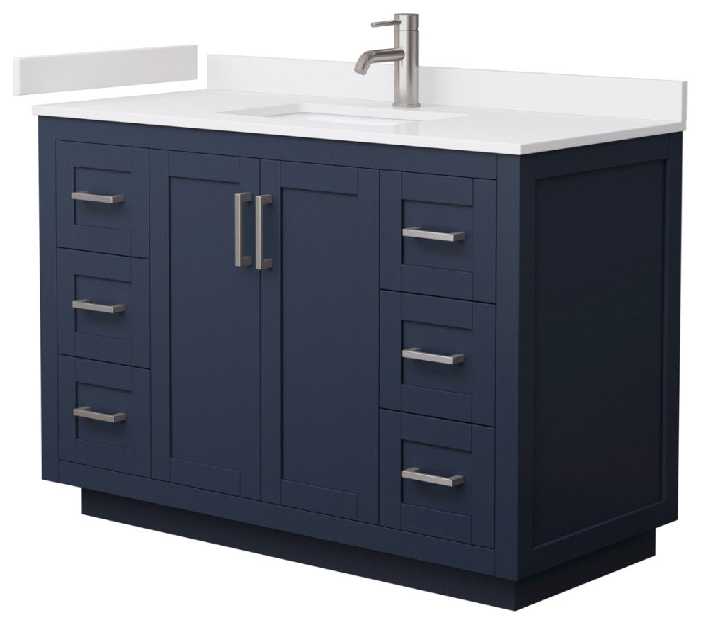 48" Single Vanity Dark Blue, White Cult. Marble Countertop, Sink, Nickel Trim