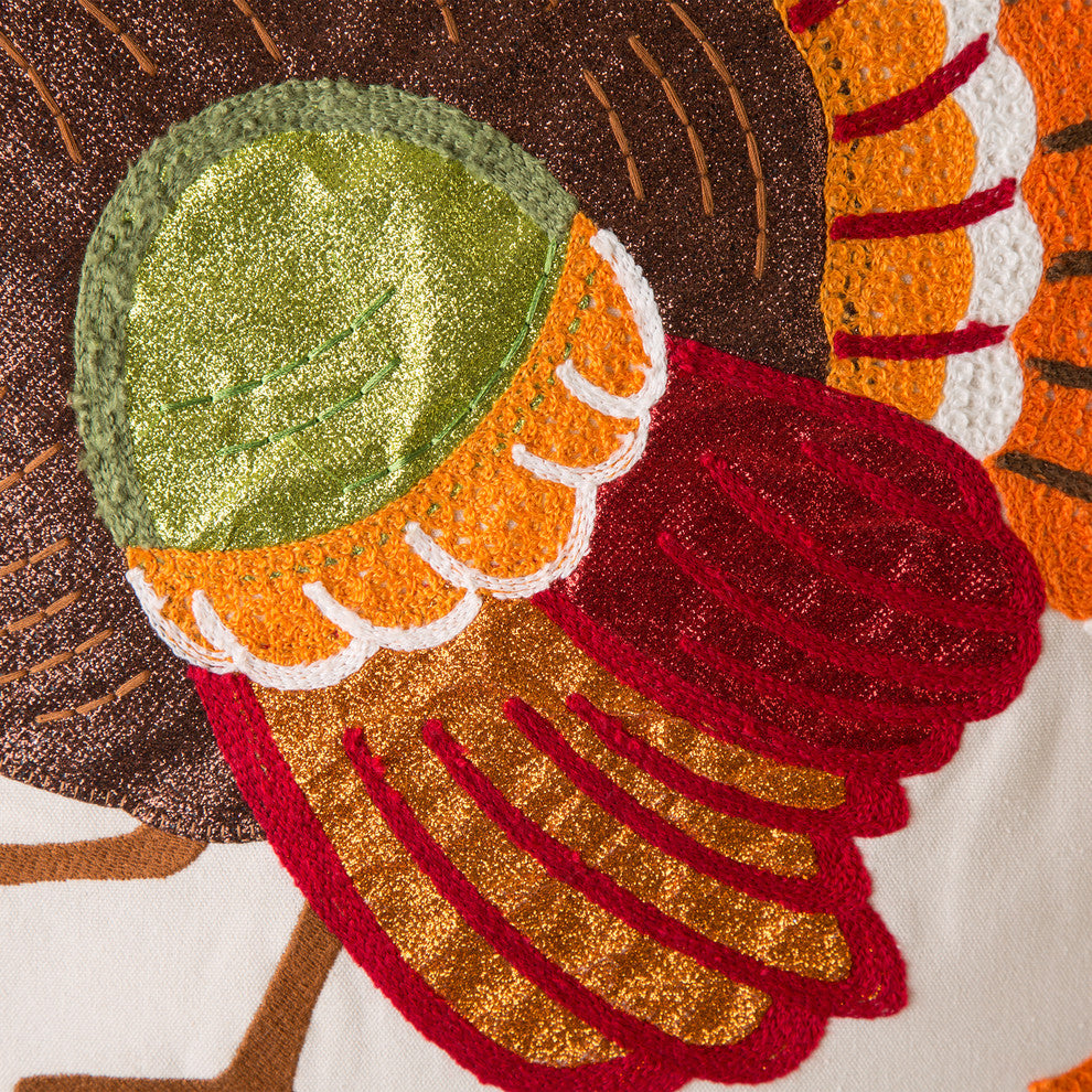 18" x 18" Cotton Embroidered Turkey Pillow Cover