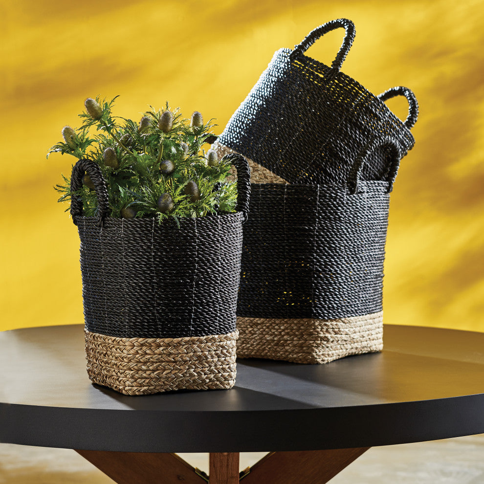 Set of 3 Contemporary Casual Natural Black Round Tote Baskets Handles Large