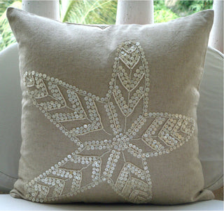 Beige Cotton Linen 26"x26" Starfish Euro Pillow Shams, Starfish Pearls