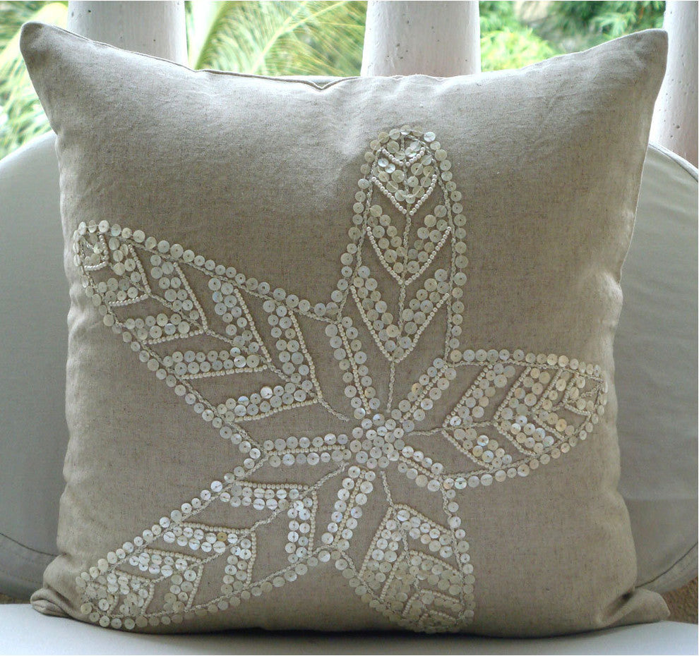 Beige Cotton Linen 26"x26" Starfish Euro Pillow Shams, Starfish Pearls