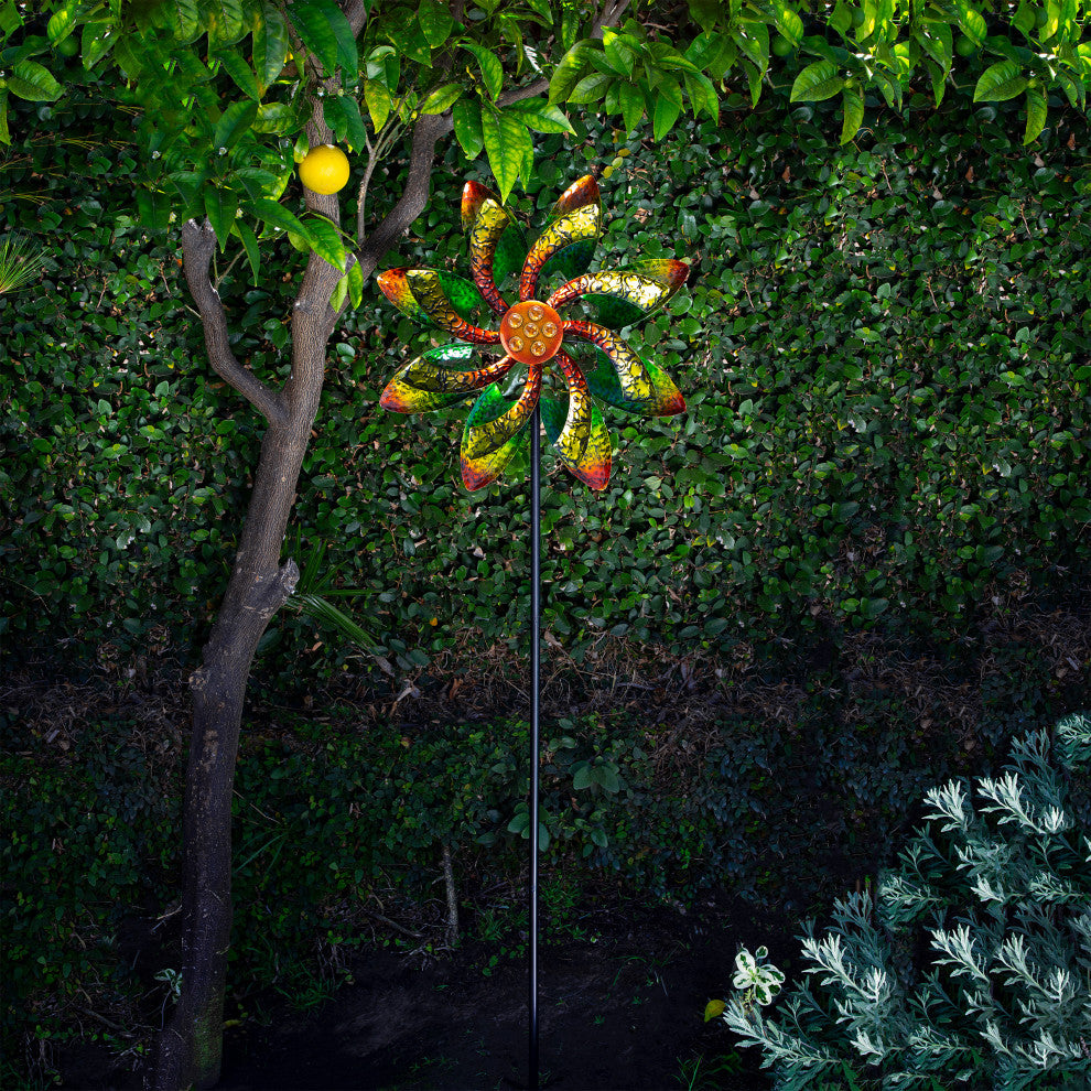 64" Tall Floral Windmill Stake with Jeweled Kinetic Spinner, Green and Orange
