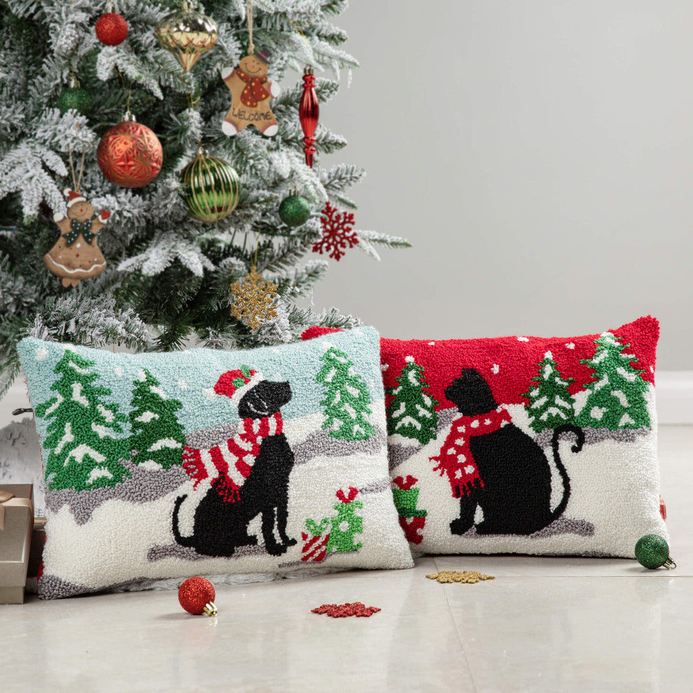 18"L Hooked Christmas Pillow Throw Xmas Pillows, Cat & Dog, 2-Piece Set