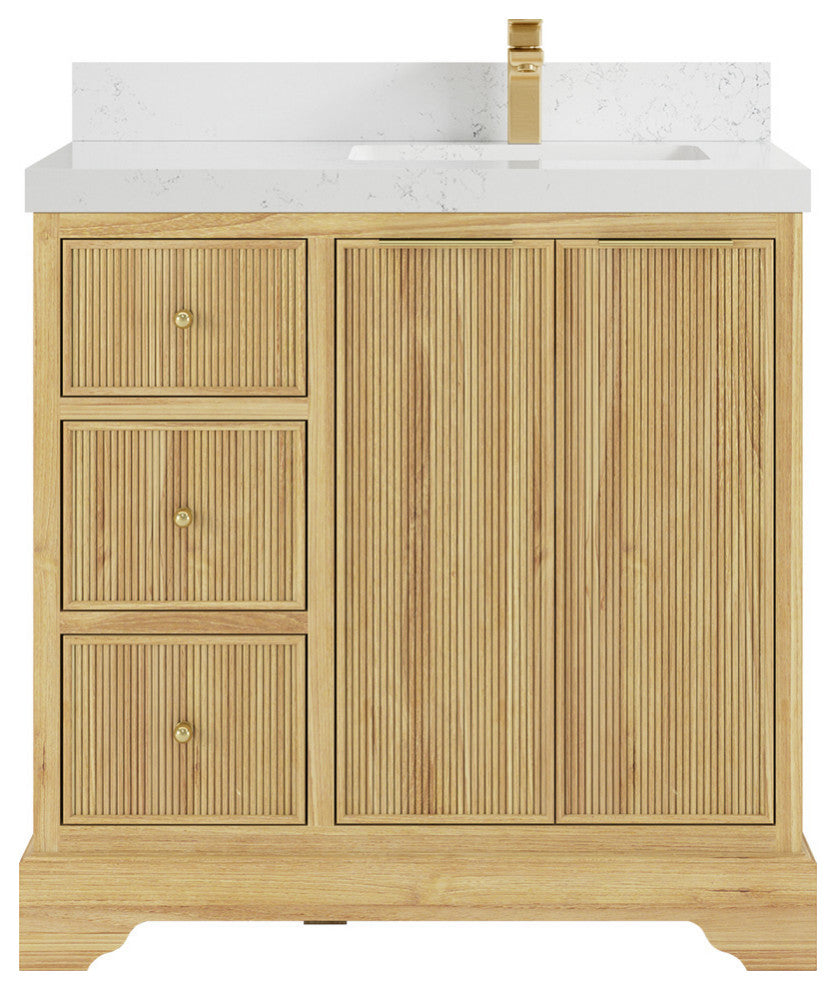 Austin 36 Right Offset Bath Vanity in Light Natural Teak 2" Empira Quartz