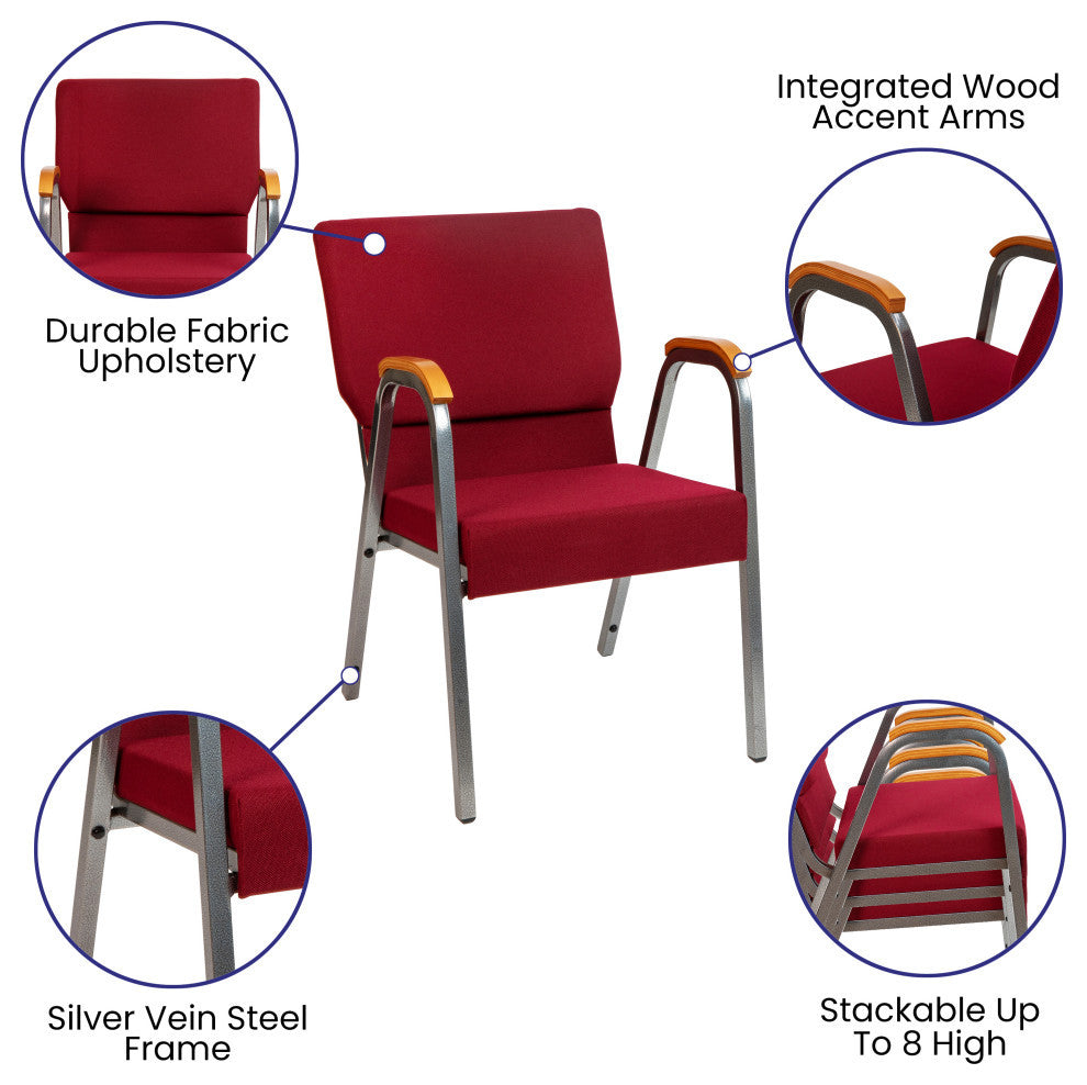 HERCULES Series 21"W Stacking Wood Chair, Burgundy Fabric and Silver Vein Frame
