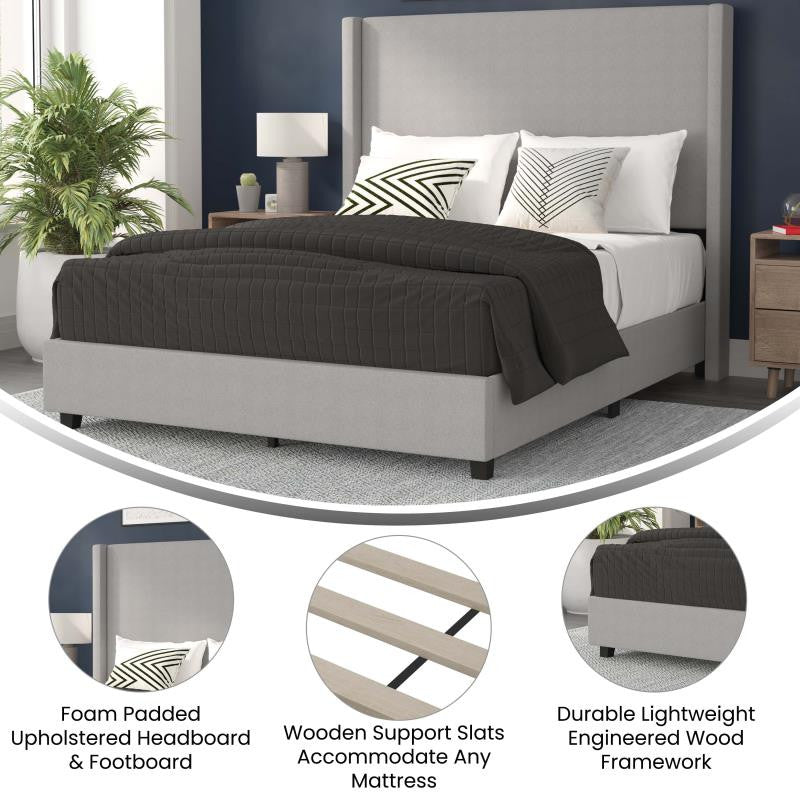 Quinn Upholstered Platform Bed with Channel Stitched Wingback Headboard, Gray, Queen