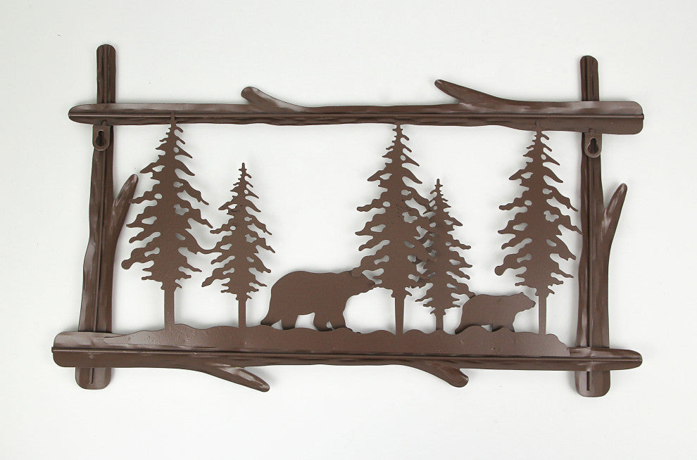 Rustic Brown Metal Black Bears in Forest Silhouette Wall Hanging