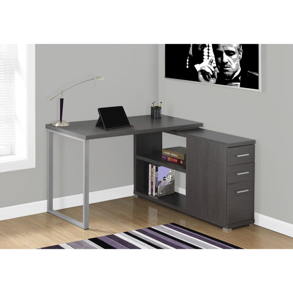 L-Shaped Desk, Silver Metal Legs With Slim Storage Drawers & Open Shelves, Gray