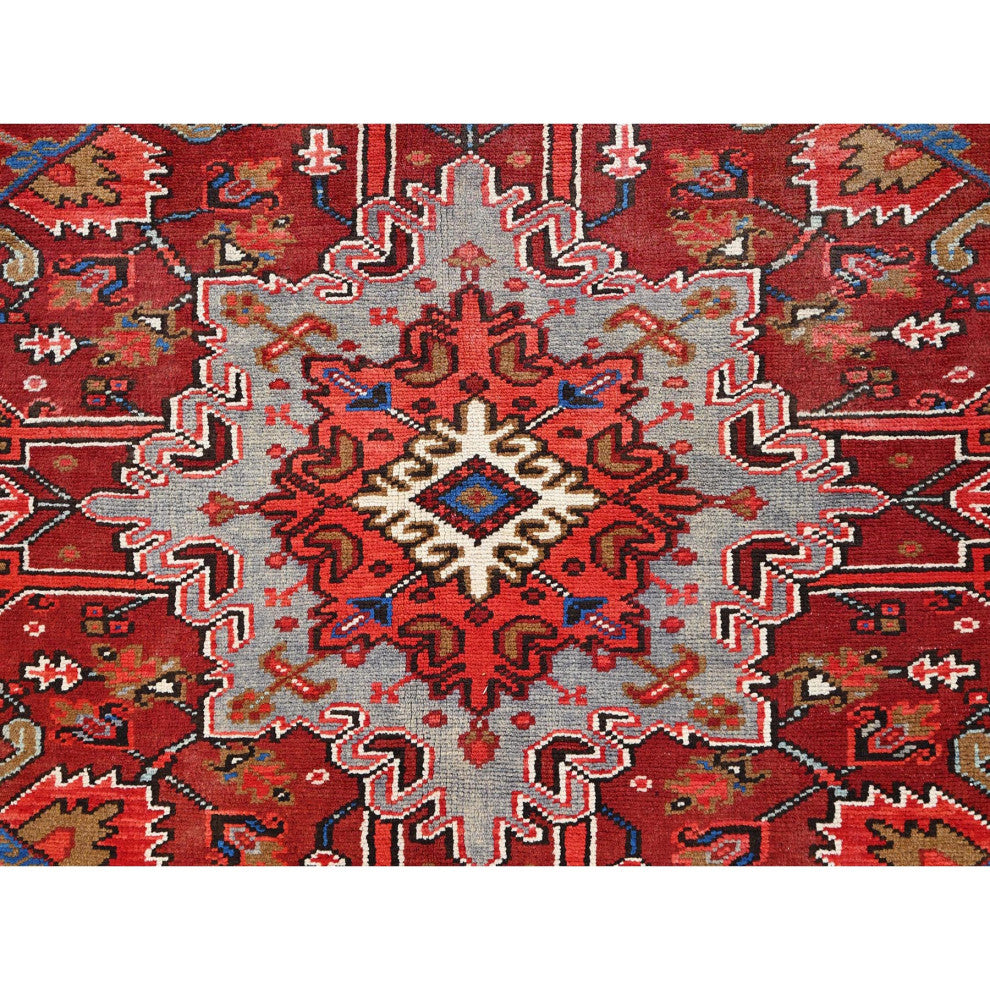 Imperial Red Pure Wool Hand Knotted Semi Antique Persian Heriz Rug 9'8"x12'9"