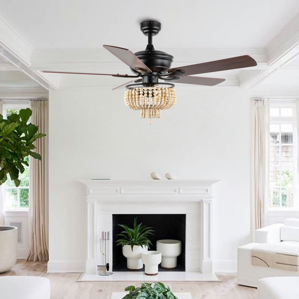 Opal 52" 3-Light Farmhouse Rustic Shade LED Ceiling Fan With Remote, Black