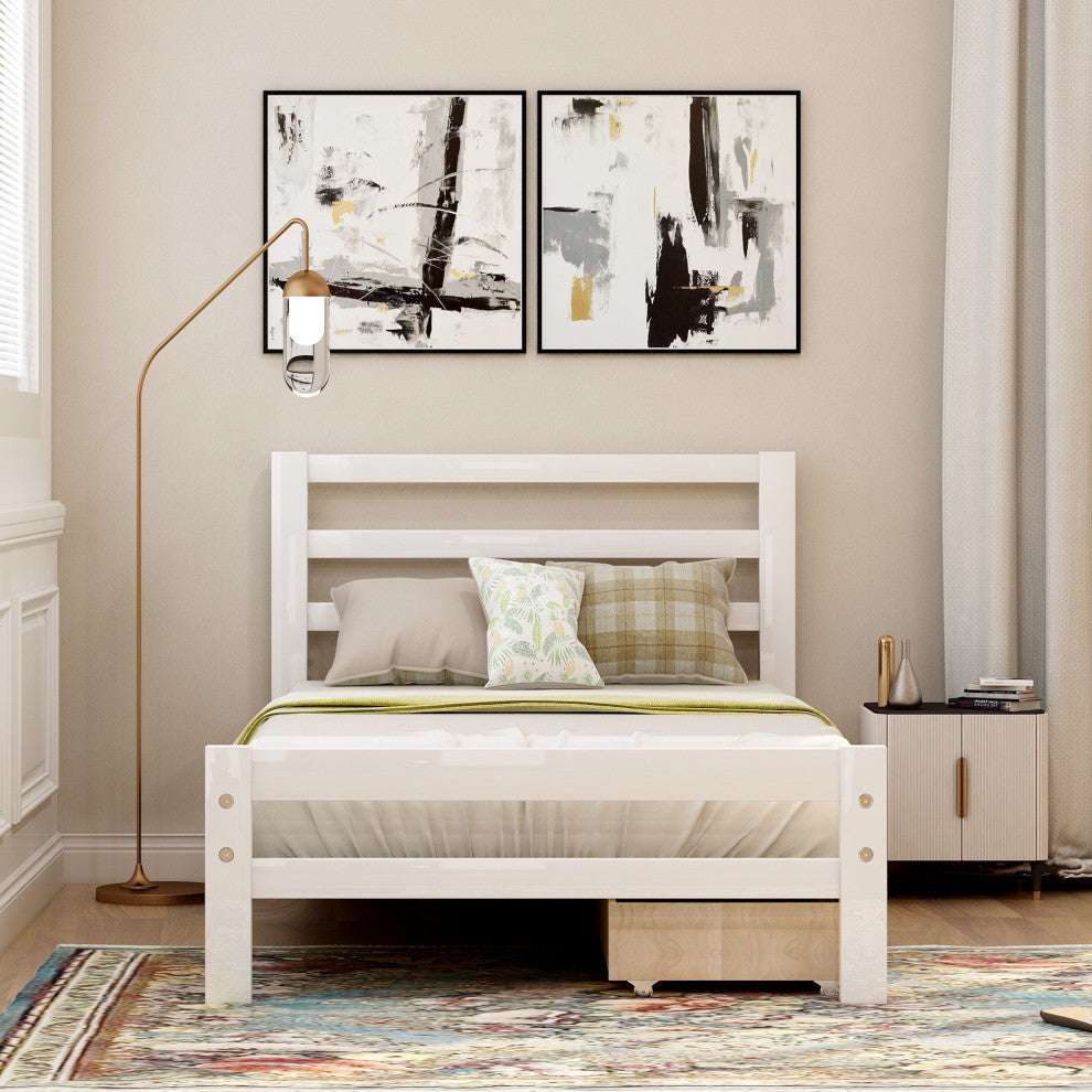 Gewnee Wood platform bed with two drawers, twin in White