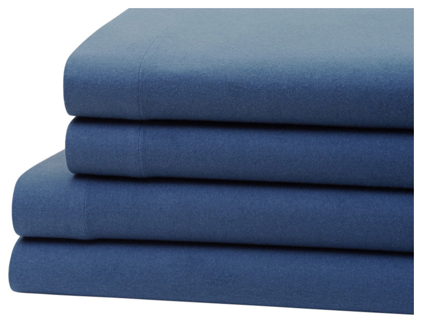 Bibb Home 4-Piece Solid Flannel Sheet Set, Blue, Queen
