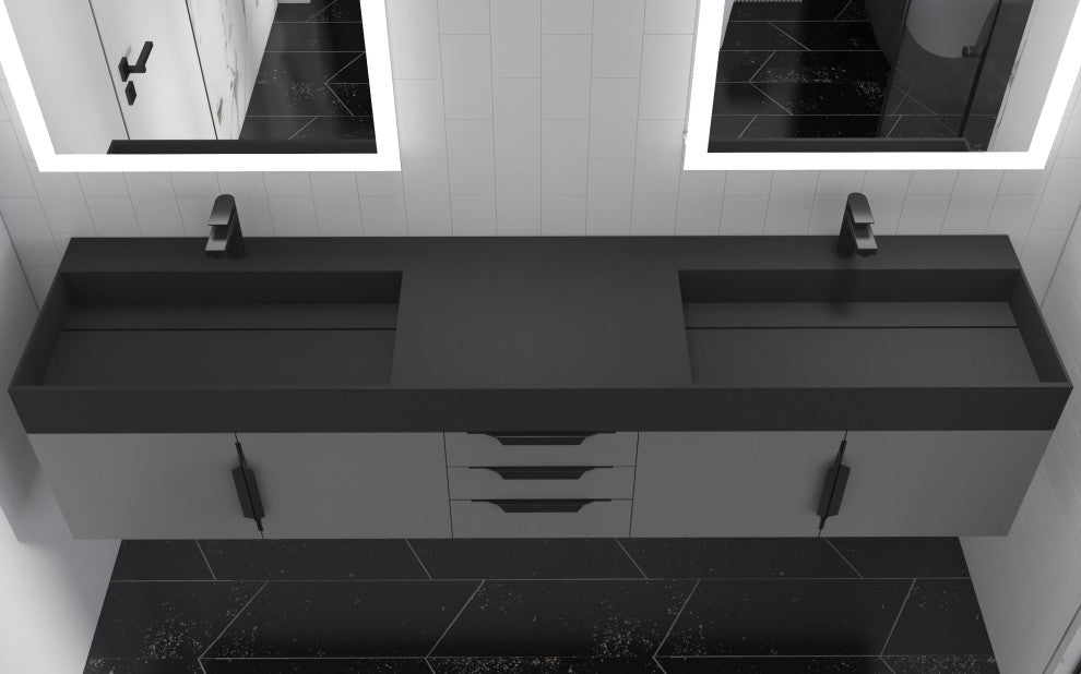 CastelloUSA Amazon 84" Wall Mounted Bathroom Vanity Set, Gray, Black Top, Black Handles