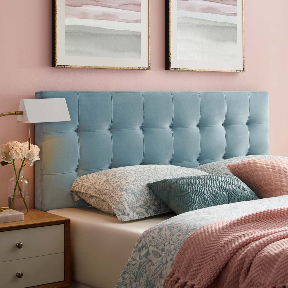 Contemporary Modern King Size Tufted Headboard, Velvet Fabric, Light Blue