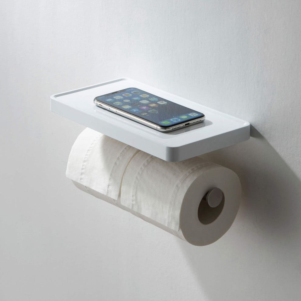 Deco Bathroom Toilet Paper Holder Double Roll With Shelf, Brushed Nickel