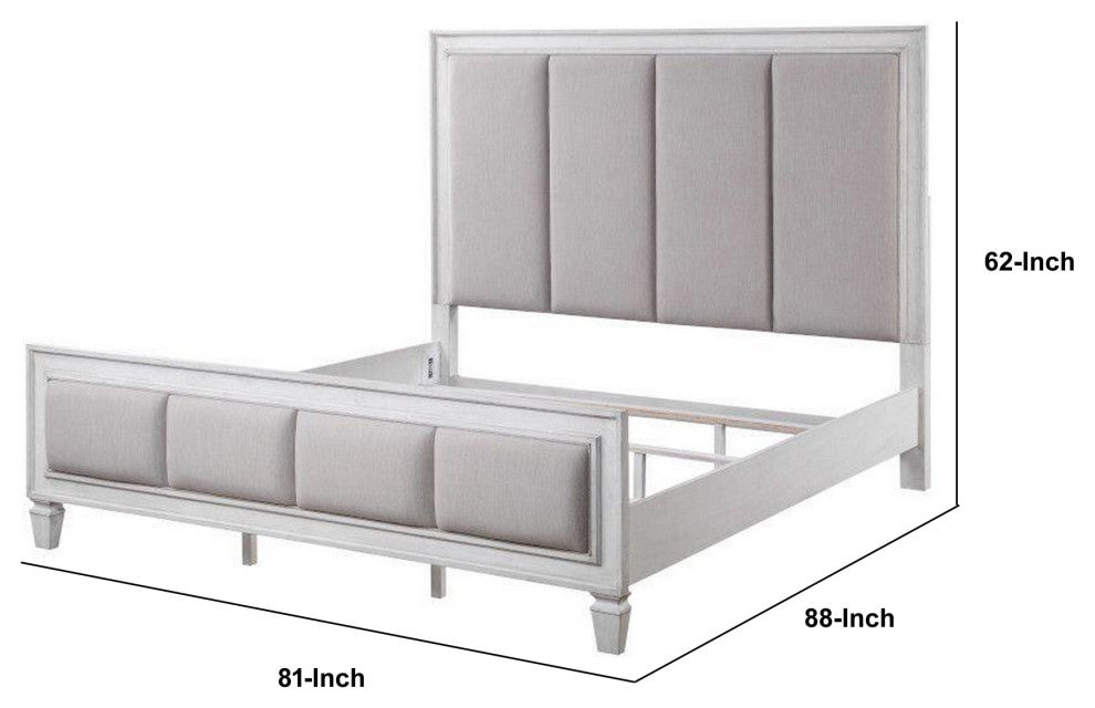 Benzara BM284019 Kate King Size Bed ChannelTufted, Gray Fabric, White Wood Frame